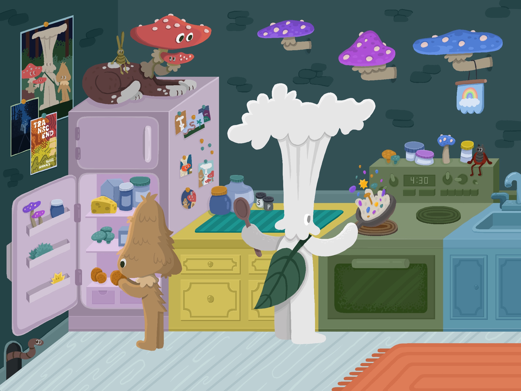 White mushroom character cooking a meal in a kitchen