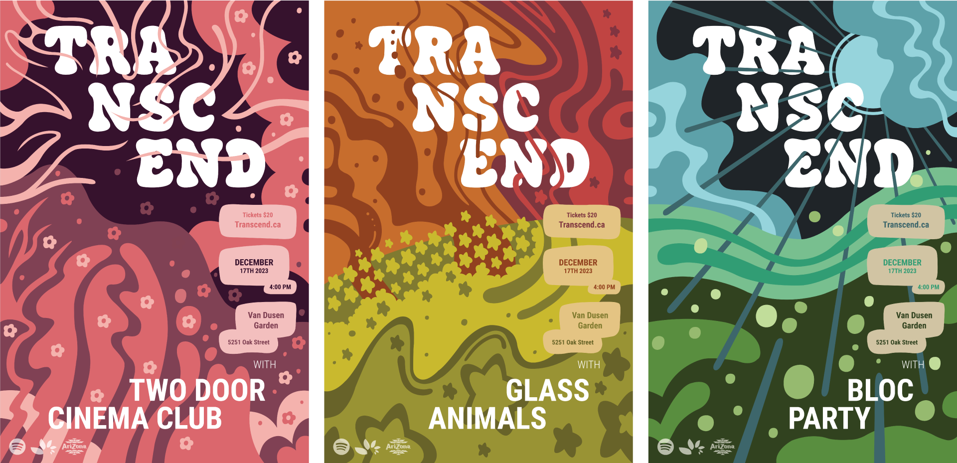 Transcend music festival poster trio