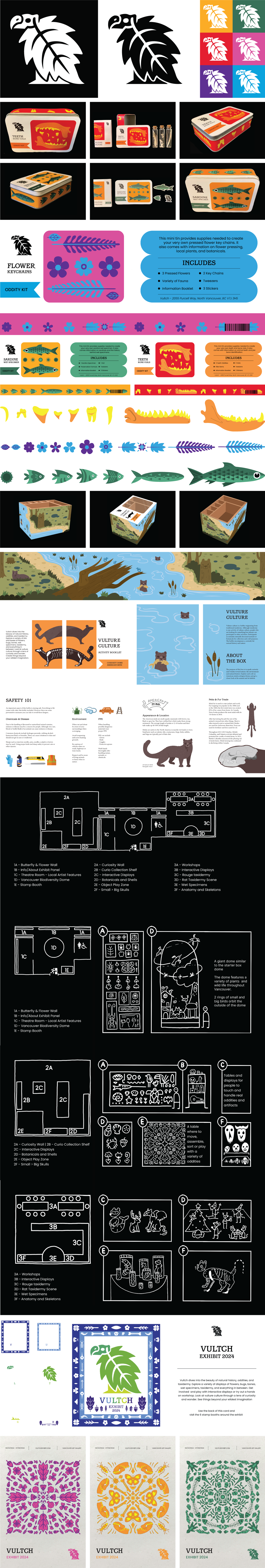 Vultch case study with logo, packaging, booklet, exhibit concepts, and posters