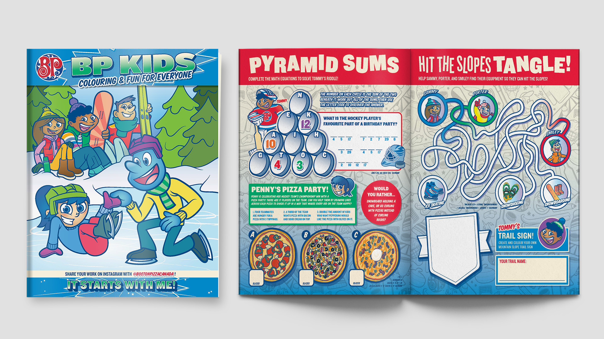 Restaurant kids activity menu winter theme cover and inside spread games