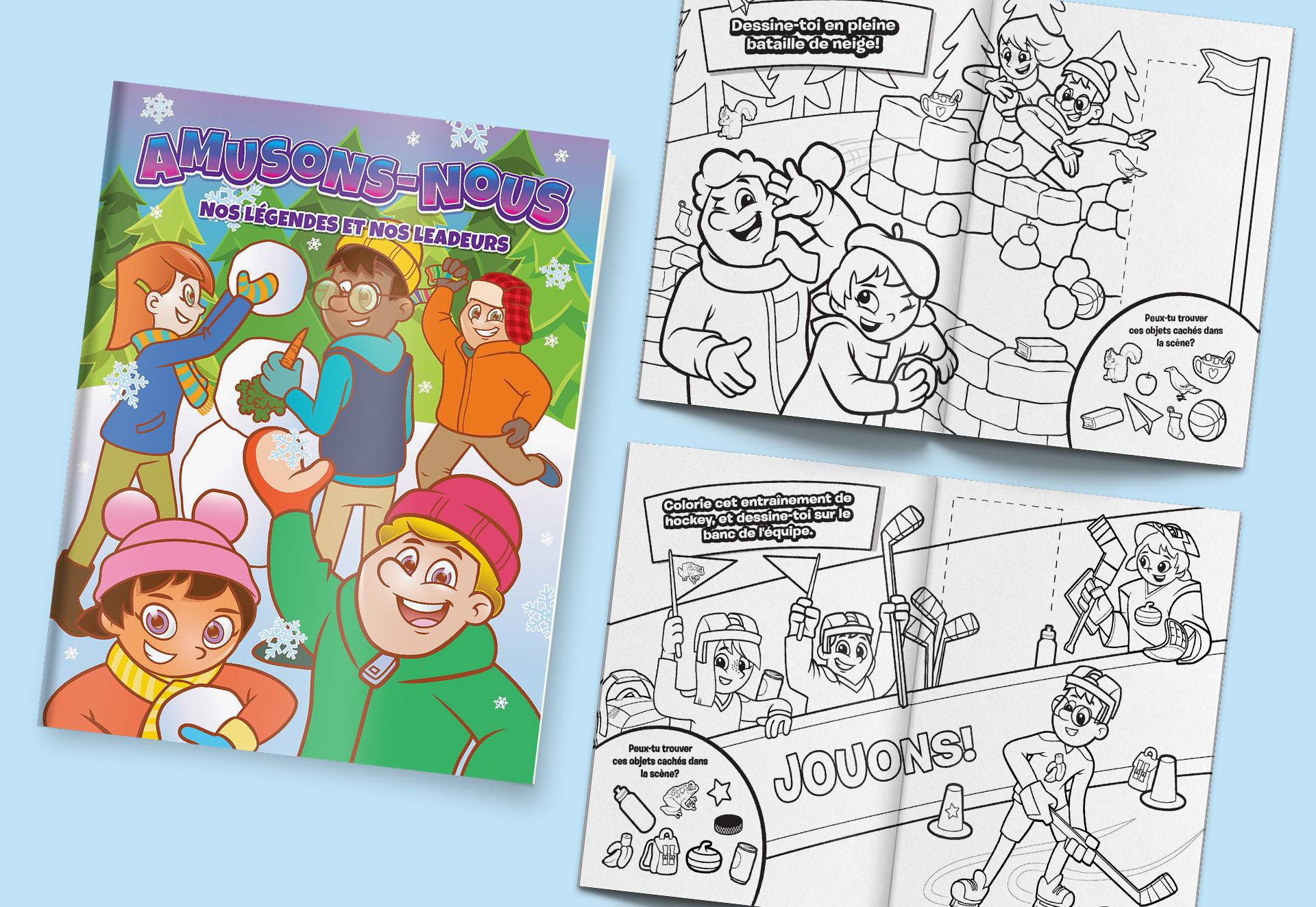 Restaurant kids activity menu winter theme cover and inside spreads colouring