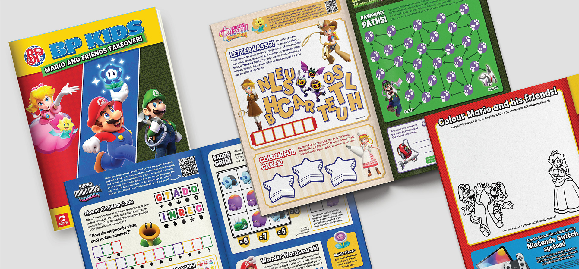 Restaurant kids activity menu Mario and friends cover and inside spreads