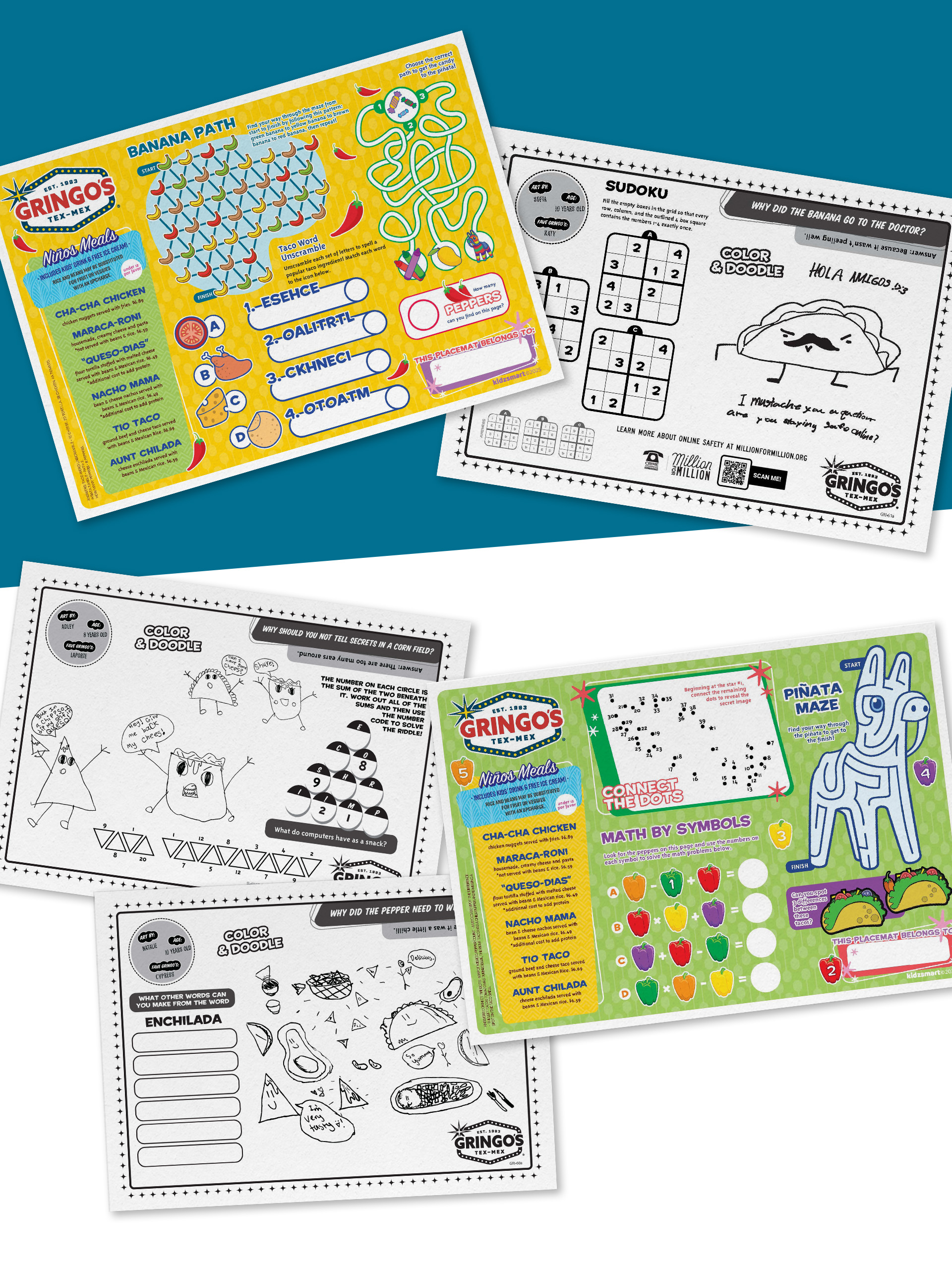 Variety of restaurant kids menu colouring placemats