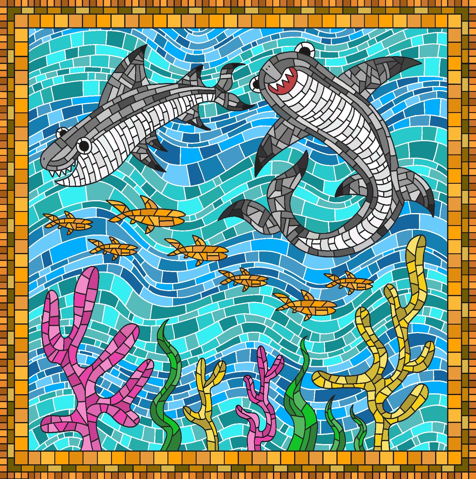 mosaic of sharks, coral, and fish