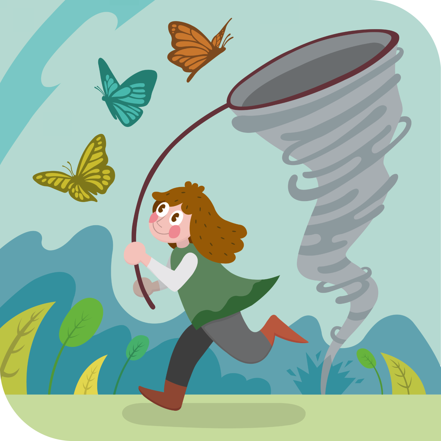 Girl chasing butterflies with tornado net illustration