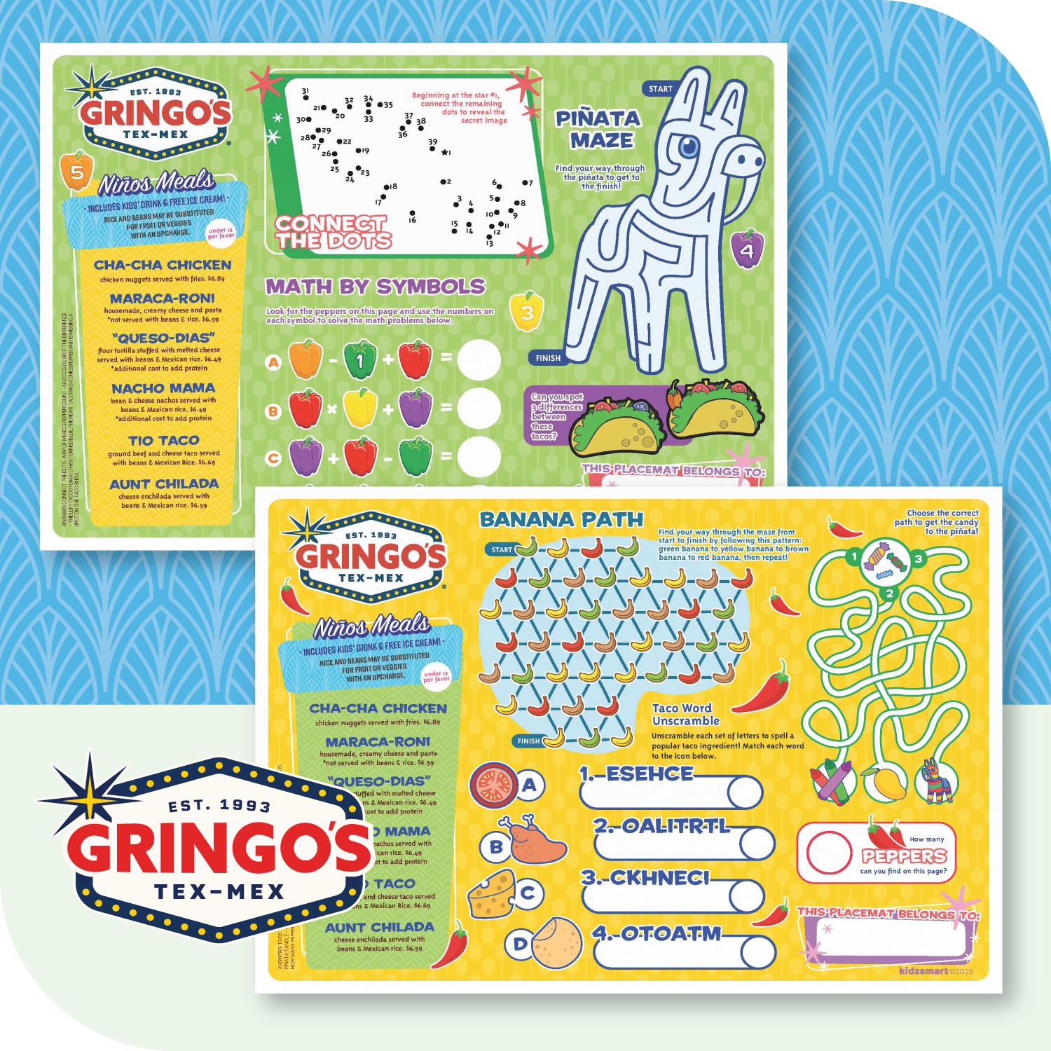 gringos kids menu placemats