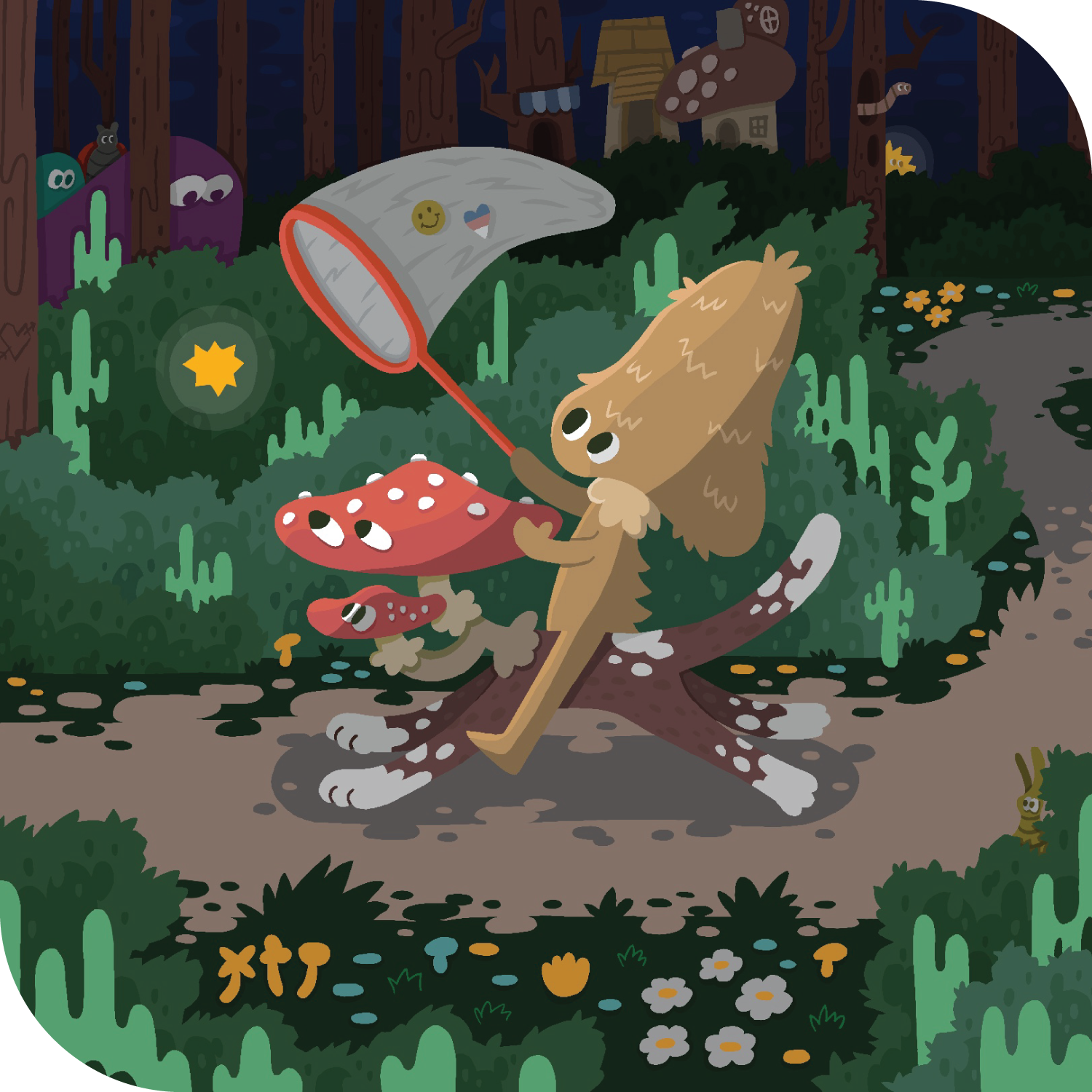 Mushroom characters running though forest illustration